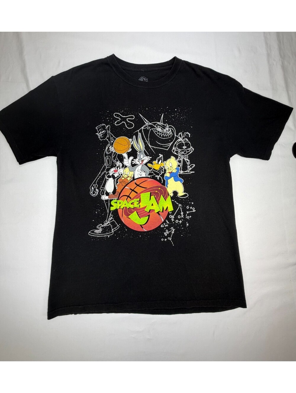 Space Jam Men's T Shirt Short Sleeve Crew Neck Graphic Print Cotton Size L Black